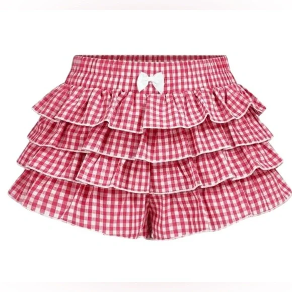 Gingham Elastic Waist Bow Knot Tiered Layer Ruffle Mini Skort Size 2XL NWT - Picture 1 of 5
